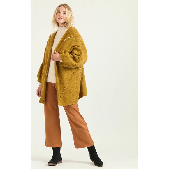 Anthropologie mustard velvet ribbon oversized cardigan sweater - Picture 1 of 8